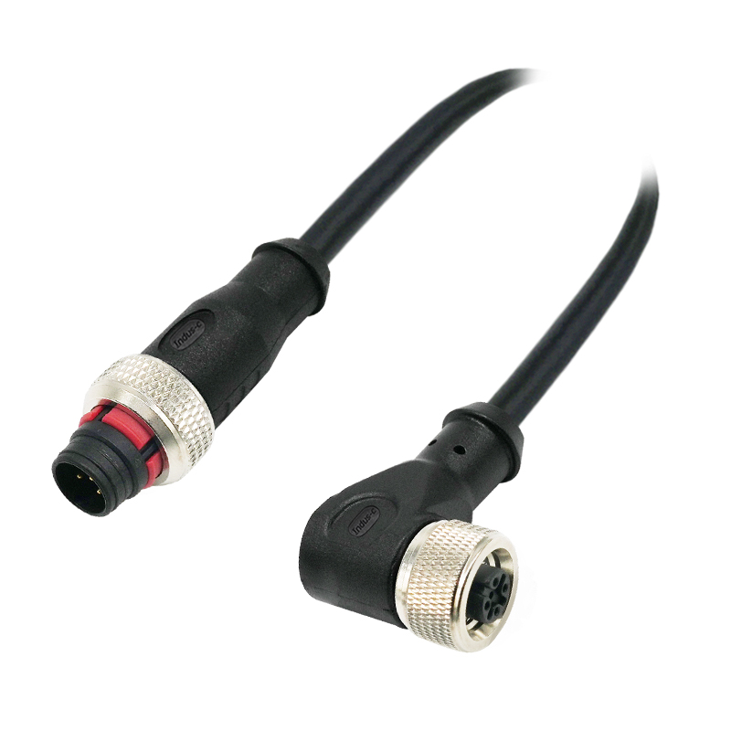 Push-pull m12 3pins A code male straight to female right angle molded cable,unshielded,PVC,-40°C~+105°C,22AWG 0.34mm²,brass with nickel plated screw